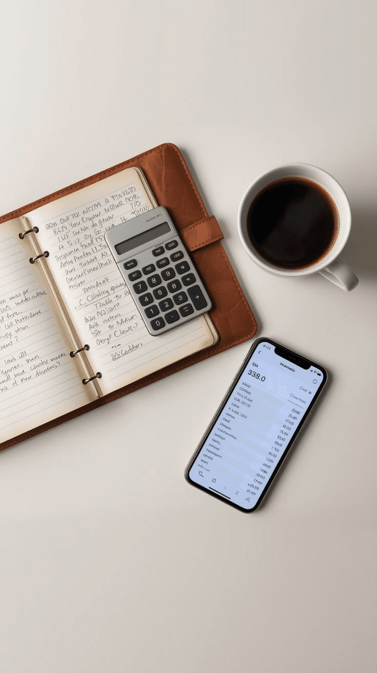 Budget notebook, calculator and phone